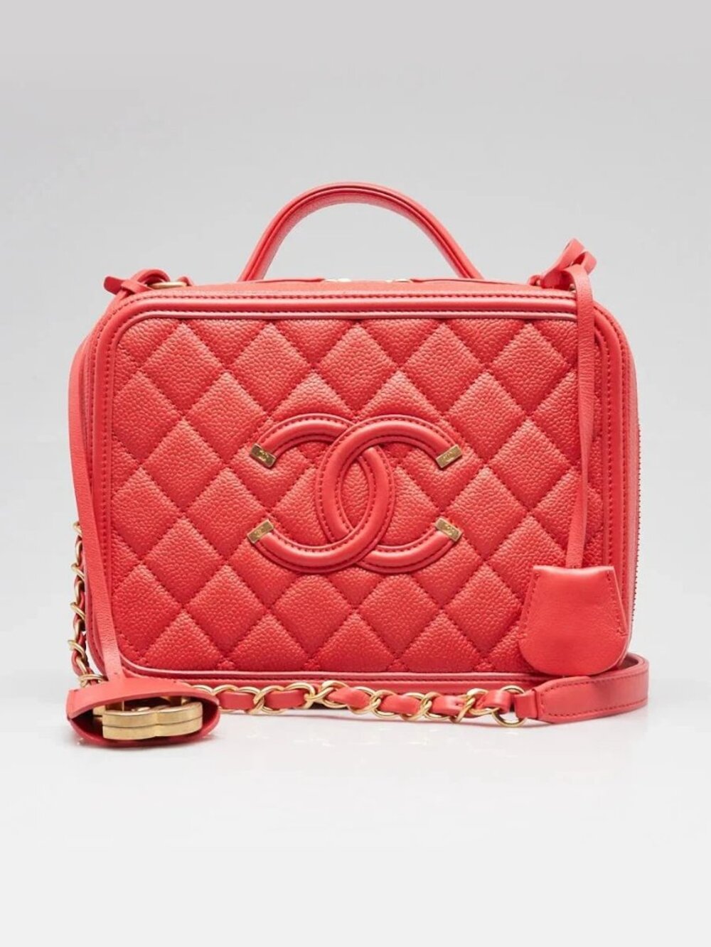Chanel Red Quilted Caviar Leather Filigree Vanity Case Bag - Picture 2 of 12